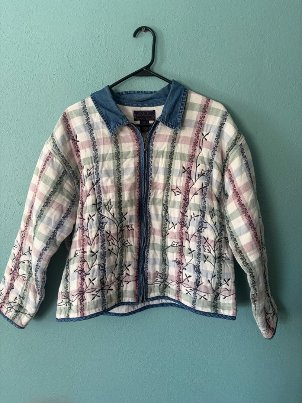 Quilted Embroidered Plaid Zip-Front Jacket in Pastel Multi